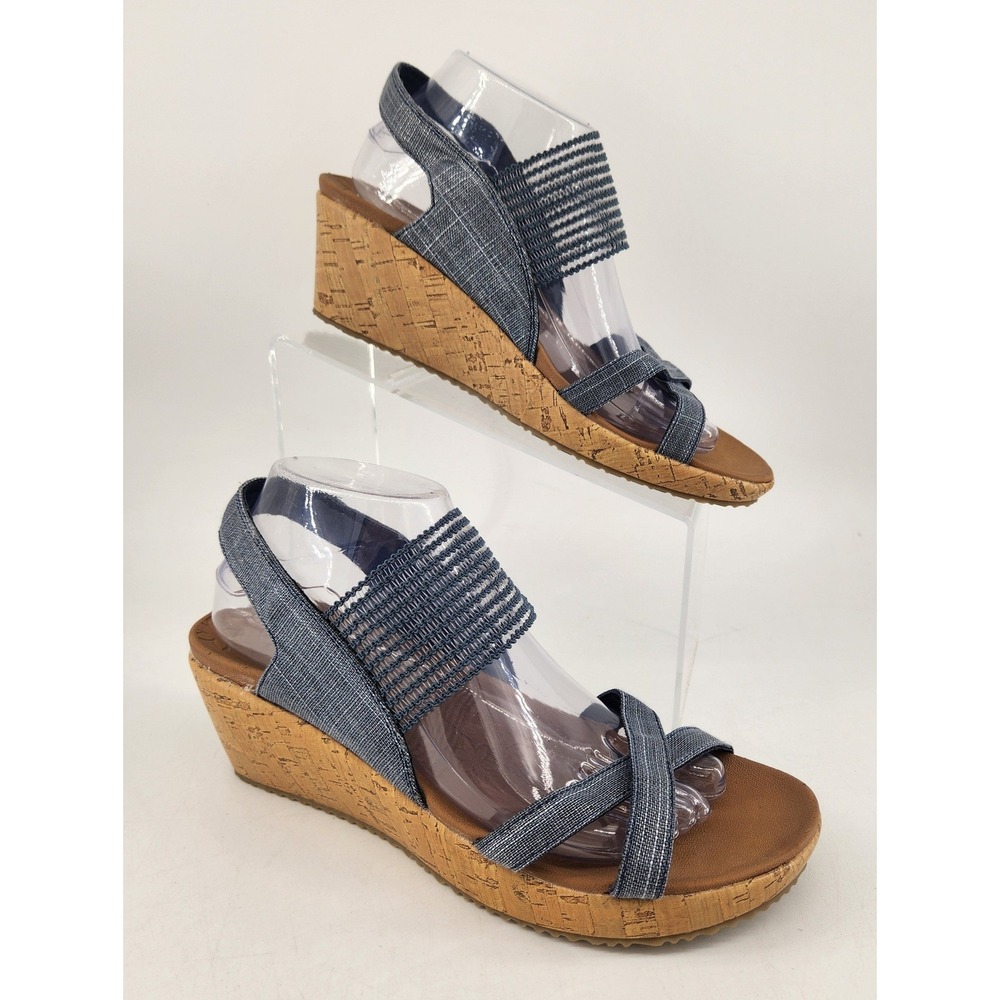 Skechers Beverlee High Tea Wedge Sandals Womens 9.5 Navy Blue 31723 Cork Heel